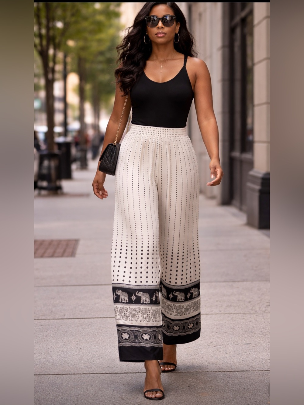 Wide-Leg Printed Border Pants, white and Black, fits like an extra large